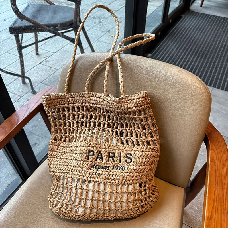 

Соломенная сумка-тоут с вышивкой буквами, большая вместительная сумка ручной работы с ажурным дизайном, пляжная сумка для отпуска, универсальная сумка через плечо для отдыха