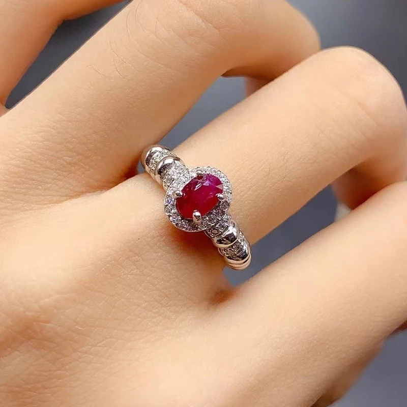 

Solid 925 Silver Ruby Ring 4mm*6mm 0.5ct Natural Ruby Jewelry 18K Gold Plated Gemstone Ring for Daily Wear