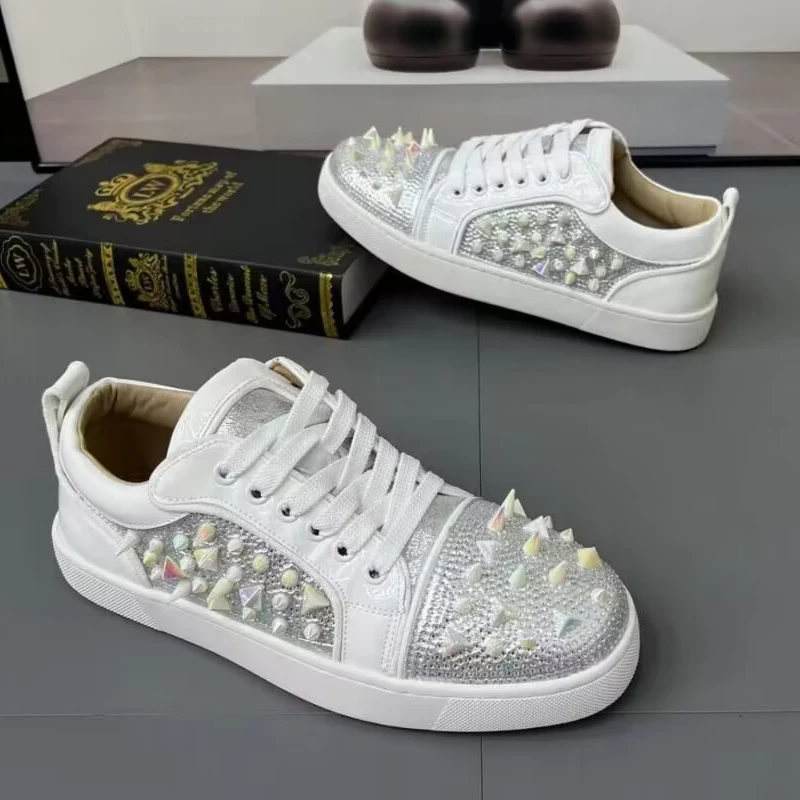 

men luxury fashion rivets shoes original leather rhinestone shoe hip hop rock dress flats sneakers brand designer trend footwear