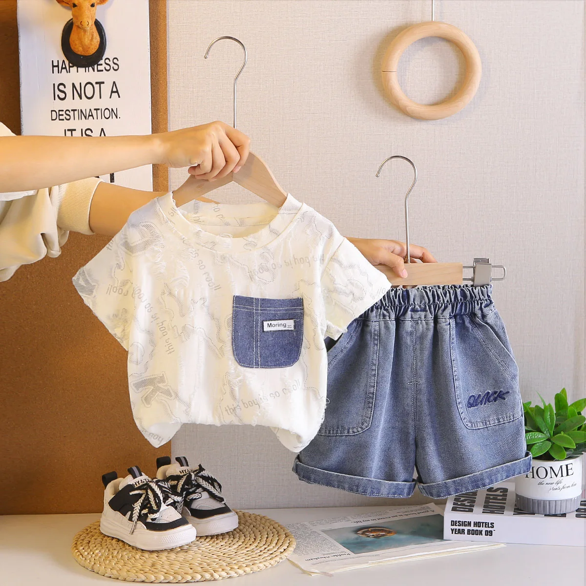 Baby Boys 1st Birthday Outfit 2026, Ripped Letter Print T-shirt & Denim Shorts Set, Summer Casual Kids Clothes for Toddlers