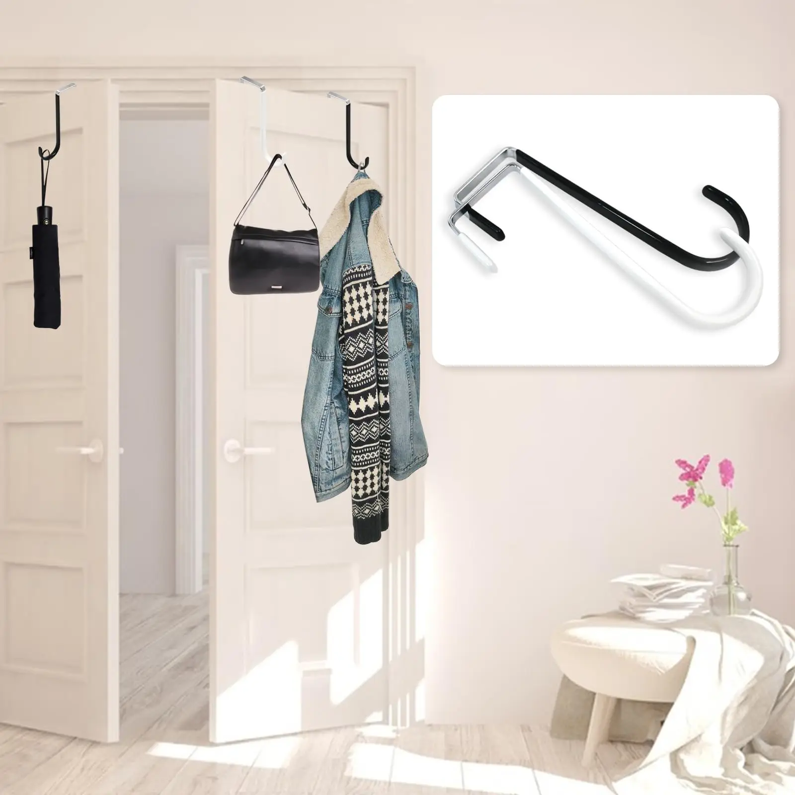 Tür-Aufhänger-Haken mit Gummi-Organizer-Haken für Wohnzimmer, Badezimmer, Schlafzimmer, Küche zum Aufhängen von Kleidung, Handtüchern, Hüten, Mänteln – Detail 12