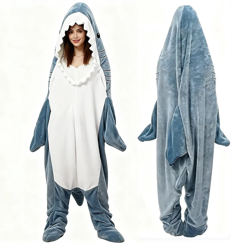 Winter Warm Shark One-Piece Pajamas Cartoon Animal Sleeping Bag Facecloth Loungewear Men and Women Bathrobe Parent-Child Robe