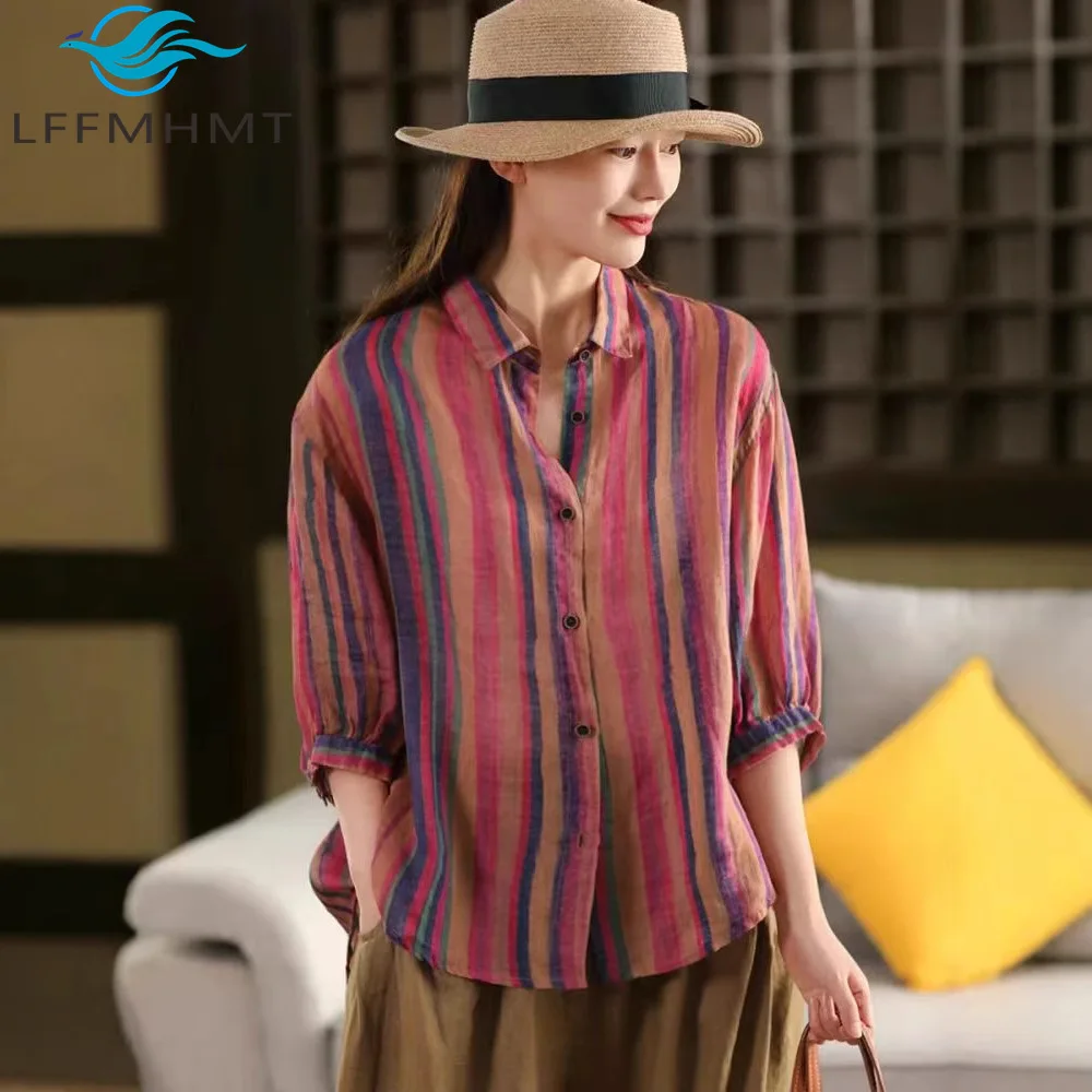 

100% Linen Good Quality Classical Vintage Striped Shirt for Women Summer Fashion Korean Style Elegant Thin Breathable Blouses