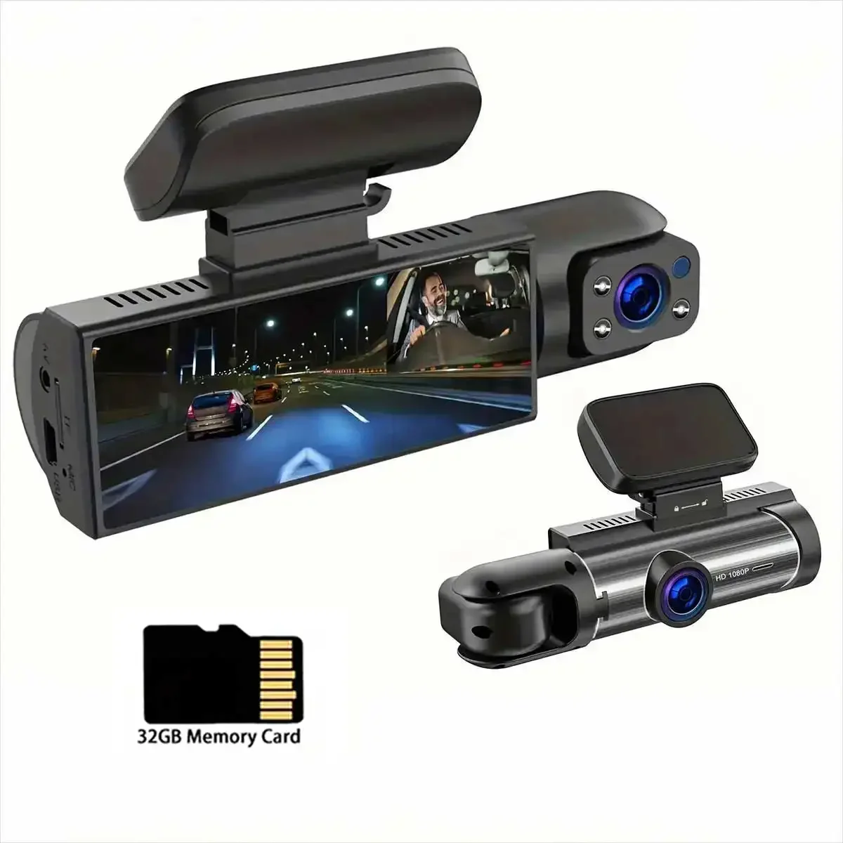 

2 Lens Camera WIth 32GB Memory Card 1080P Car Video Recorder Rearview Mirror Cam Front & Inner Camera