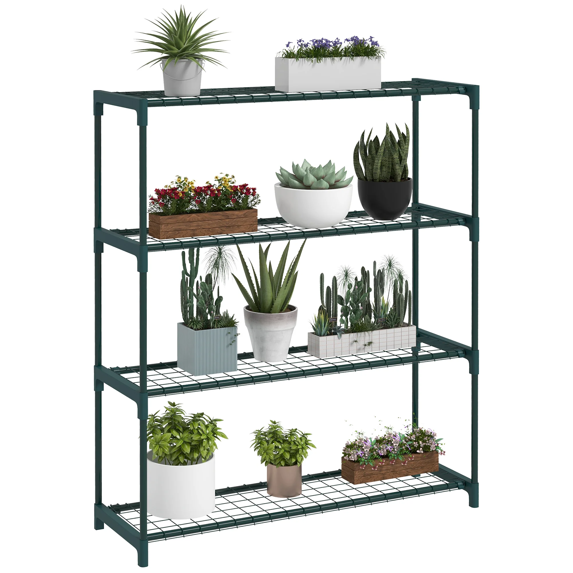 Support pour macettes à 4 niveaux avec structure en acier pour jardin Patio 89x28x107 cm Vert foncé