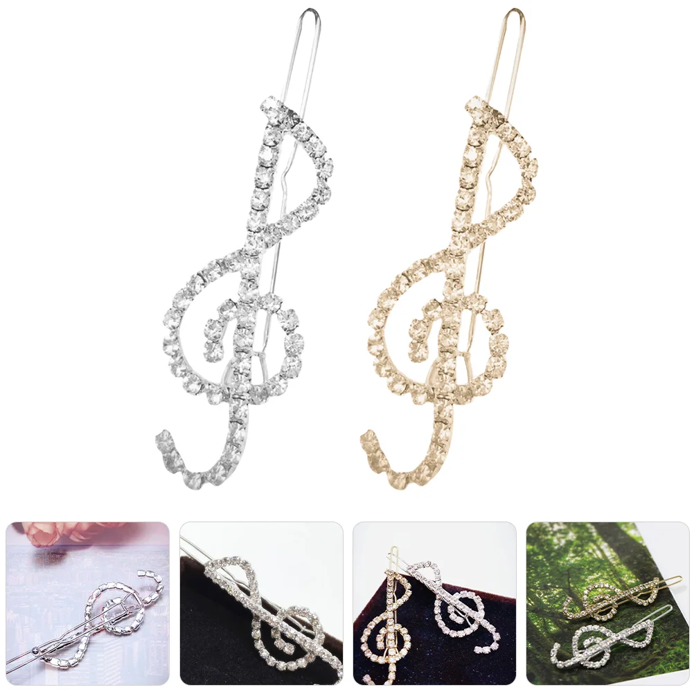 2 Pcs Musical Note Hairpin Decorative Clips Rhinestone Side for Women Jewelry Toppers