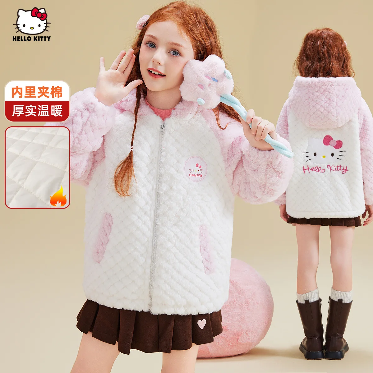 

Sanrio Hello Kitty Girl Coat Children Winter Thickening Keep Warm Hooded Tops Kawaii Anime Versatile Leisure New Style Clothing