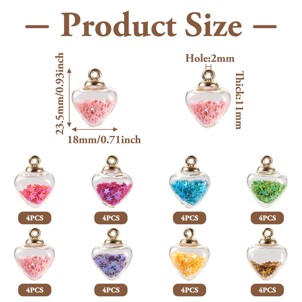 32pcs Glass Pendant with Glitter Star & Light Gold Metal Findings Heart Charms Mixed Color for Making DIY Jewelry Necklace Charm