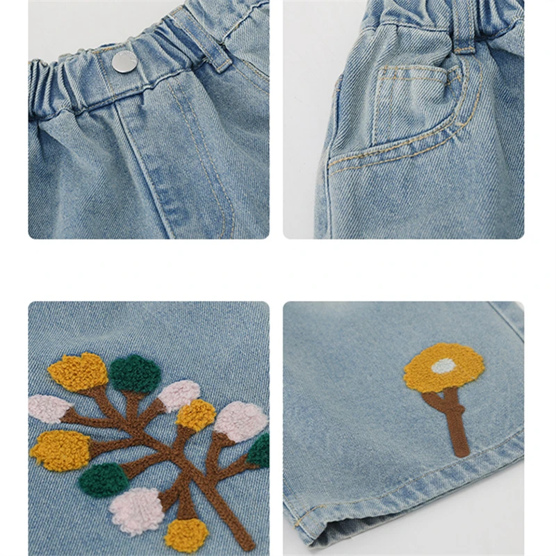 رائجة البيع الاطفال موضة الجينز الأزرق مع يزين لفتاة جديد أنيق الدينيم السراويل سليم صالح فضفاض الجينز بنطلون للمراهق 4-14