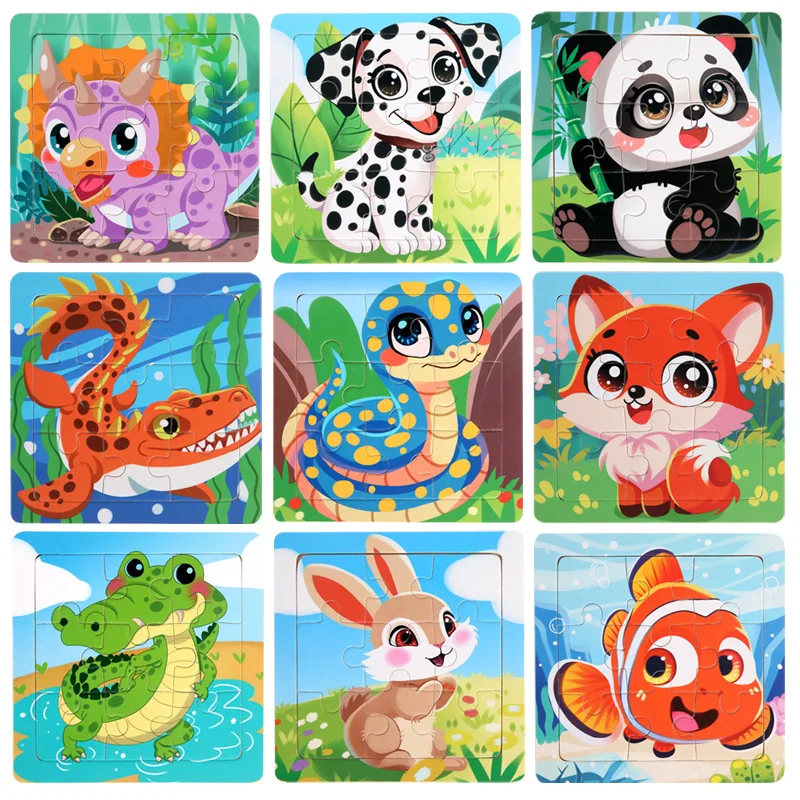 11cm Drewniane Puzzle dla Dzieci Gry Układanki Kreskówkowe Zwierzęta Pojazdy Wzory Drewniane Puzzle 3D Montessori Zabawki Edukacyjne