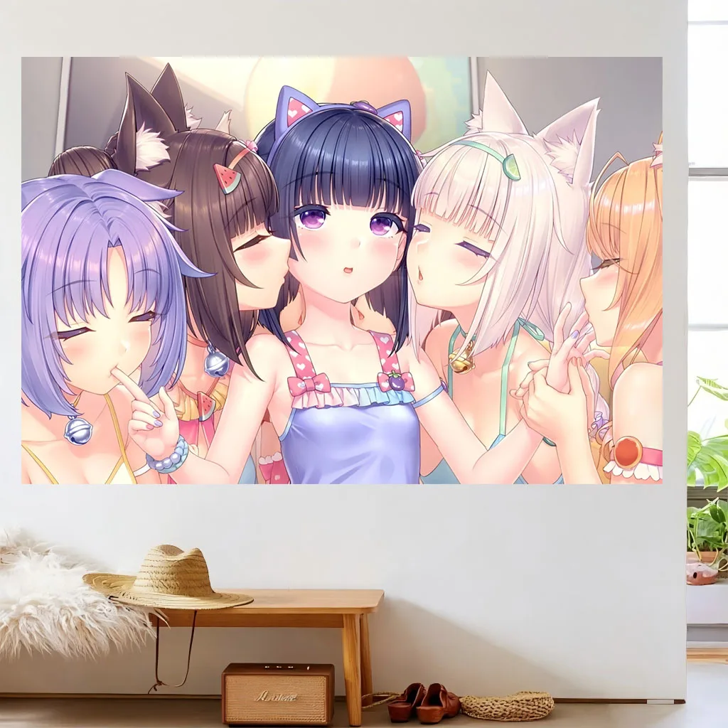 1 pieza N-Nekopara Group Neko Maid Tapestry, Pinza para el pelo con diseño de frutas, Camisola con estampado de corazones, Tapiz decorativo de pared, Decoración Kawaii en tonos pastel para dormitorio de adolescentes y Otaku