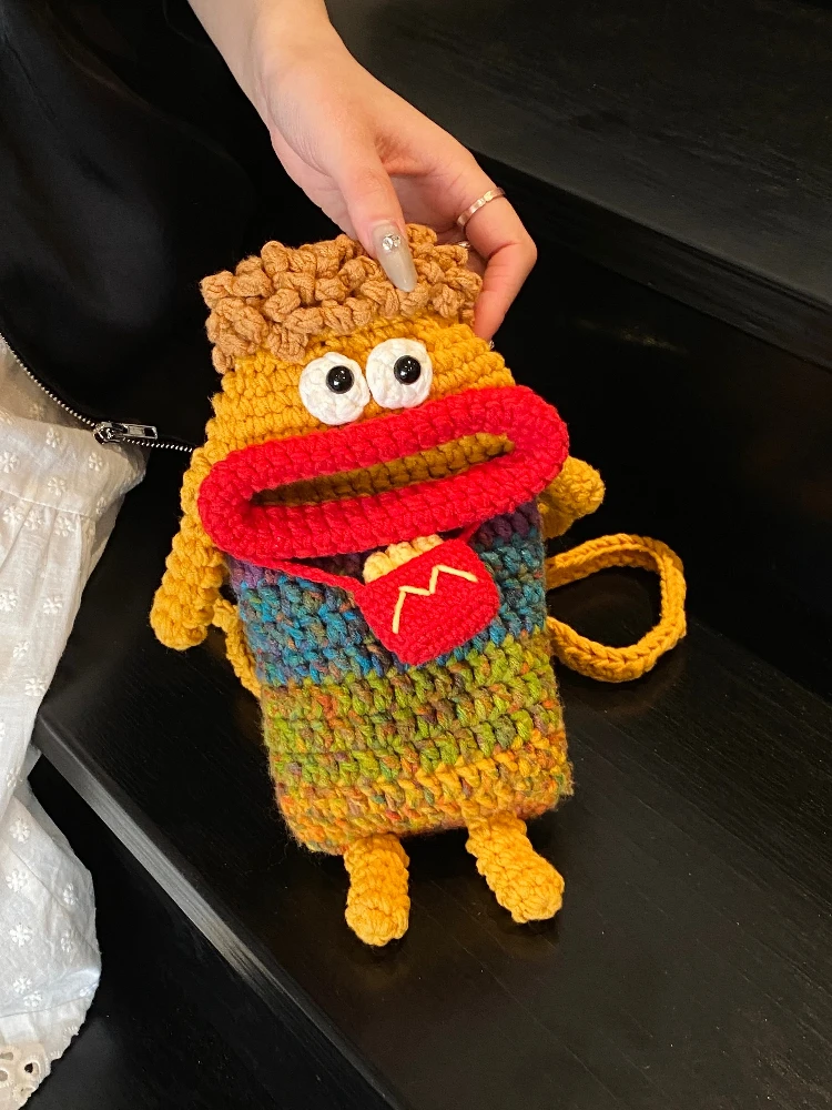 

Cute Handmade Crocheted Sausage Mouth Mobile Phone Bag Women's Crossbody Bag Children's Coin Purse Soft Cotton Korean ...