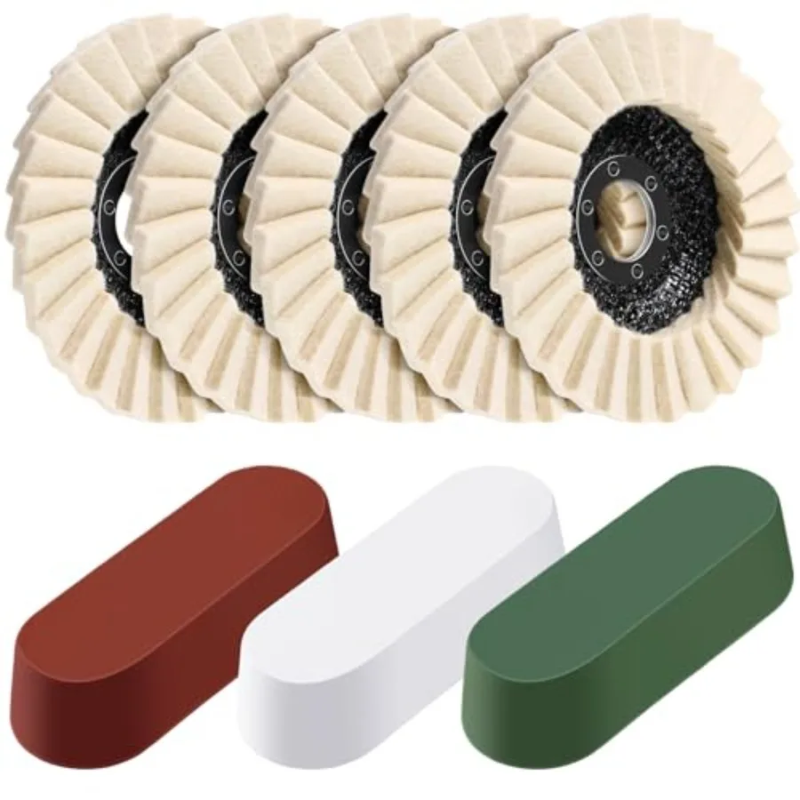 

8 Pcs Wool Polishing Wheel Disc and Polishing Compounds Set Includes 5 Thicken Arbor Buffing Wheel 3 Buffing Compound 4 1/2 x 7