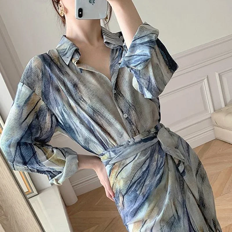 Spring Autumn New Fashion Dress Sets Women Turn-down Collar Long Sleeve Button Printing Shirt Lacing Mid-length A-line Skirt