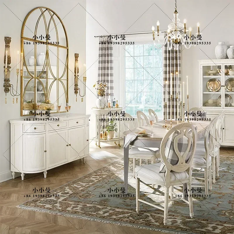 American Light Luxury Solid Wood Dining Side Cabinet Living Room Simple White Engraved Decorative Storage Cabinet Retro