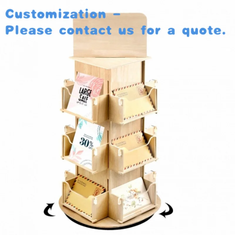 custom.3 Tier Rotating Wooden Display Stand Multi Pocket Greeting Card Sticker Photo Holder Retail Store Showcase