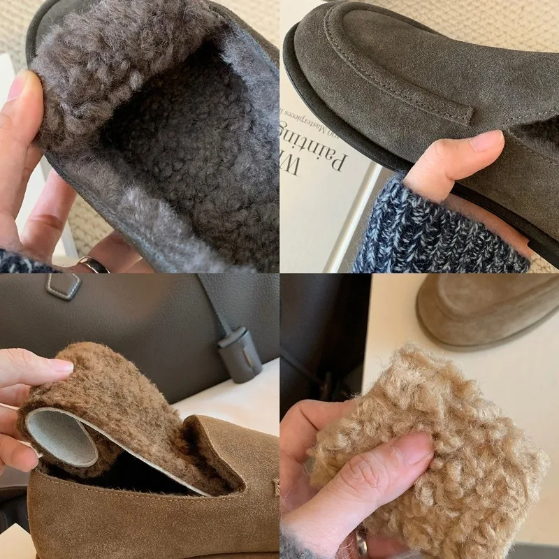 Women's Winter Footwear Short Plush Casual Slip on Round Toe Fleece Loafers Leather Soft Warm Comfortable Flats Shoes Ladies