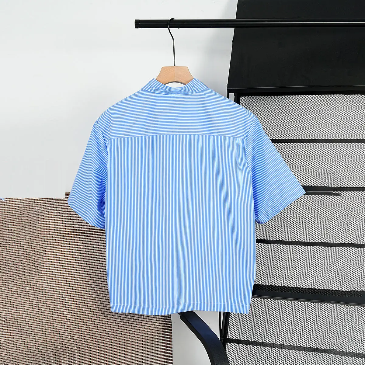 Men's Summer Oversized Formal Shirts Button Up Cropped Dress Short Sleeve Custom Logo Striped Office Work Clothes Top