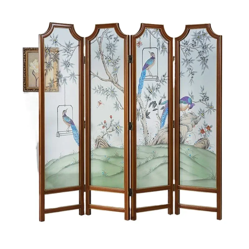 

New Chinese screen partition movable folding office Chinese style hand-painted antique peacock solid wood home folding screen