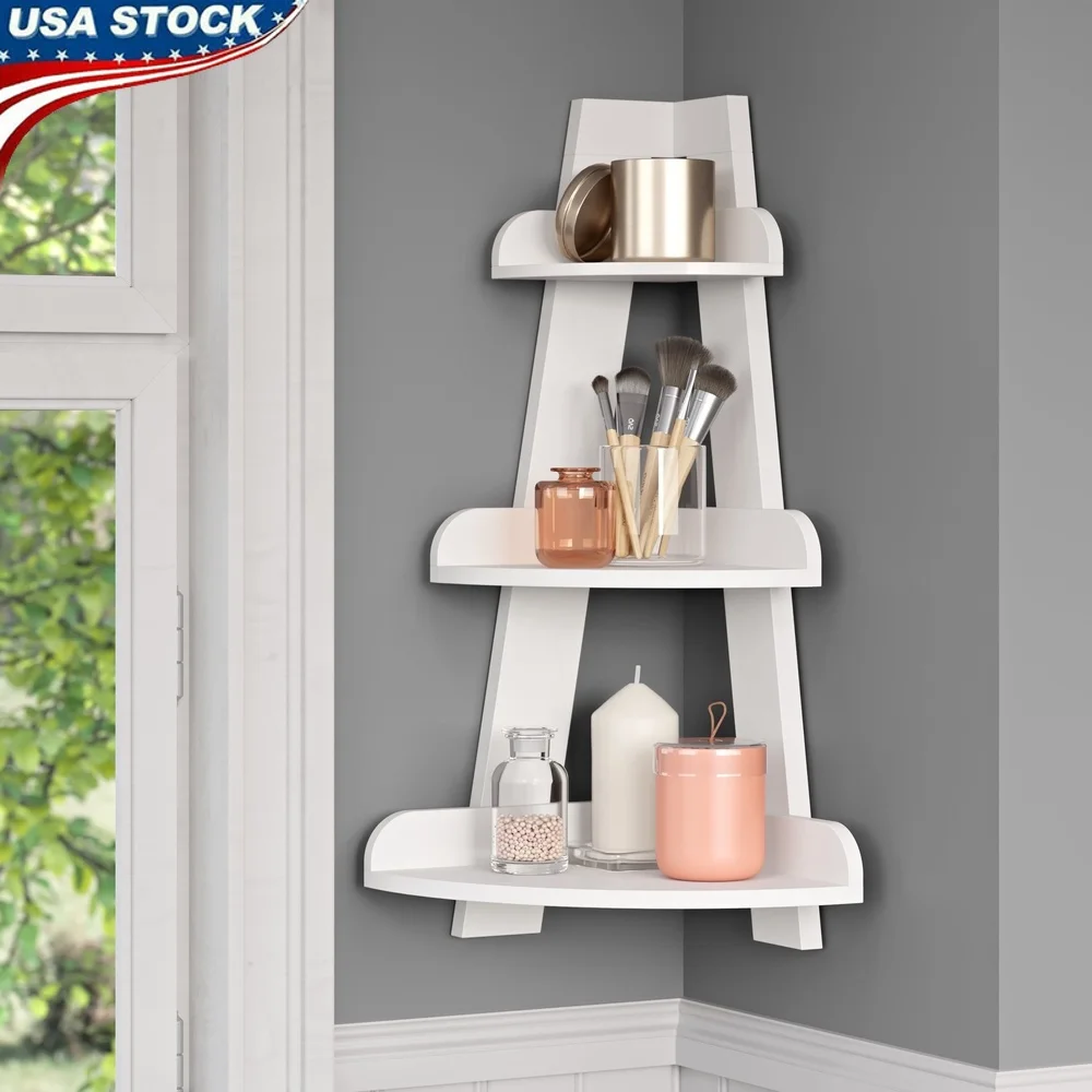 

3-Tier Corner Ladder Shelf Wall Mounted Storage Display Stand Bathrooms Offices and Laundry Rooms Easy Installation Durable MDF