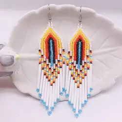1pair Bohemian Tassel Earrings Handmade In Europe And America Hot Sale Long Brass Tube Rice Bead Earrings