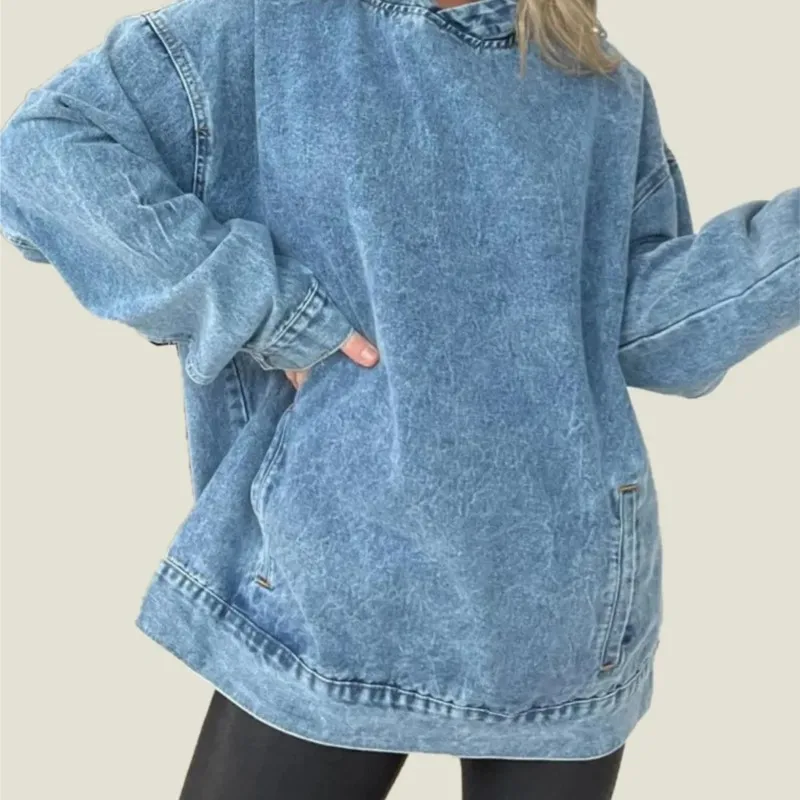 Chamarras Invierno Mujeres Versatile New Women's Hooded Pullover Denim Sweatshirt Loose Solid Color Pullover Abbigliamento Donna