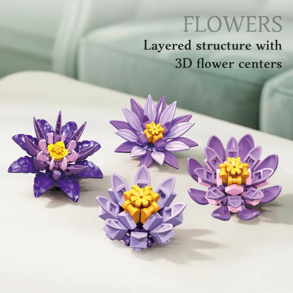 942Pcs JIE STAR Impressionist Water Lily Pond Building Blocks Set Purple Lotus Botanical Flowers 3D Painting Frame Decor