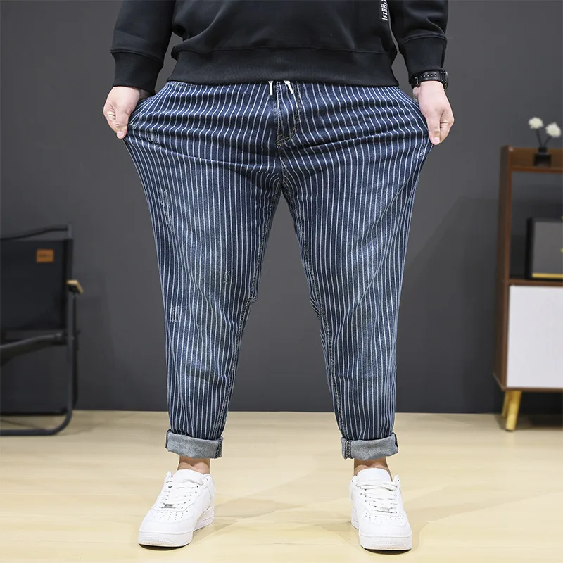Fashion Stripe Trend Jeans Men's Hip Hop Denim Pants Spring Summer Harem Trousers Men Big Size 7XL Elastic Waist Bottoms Blue