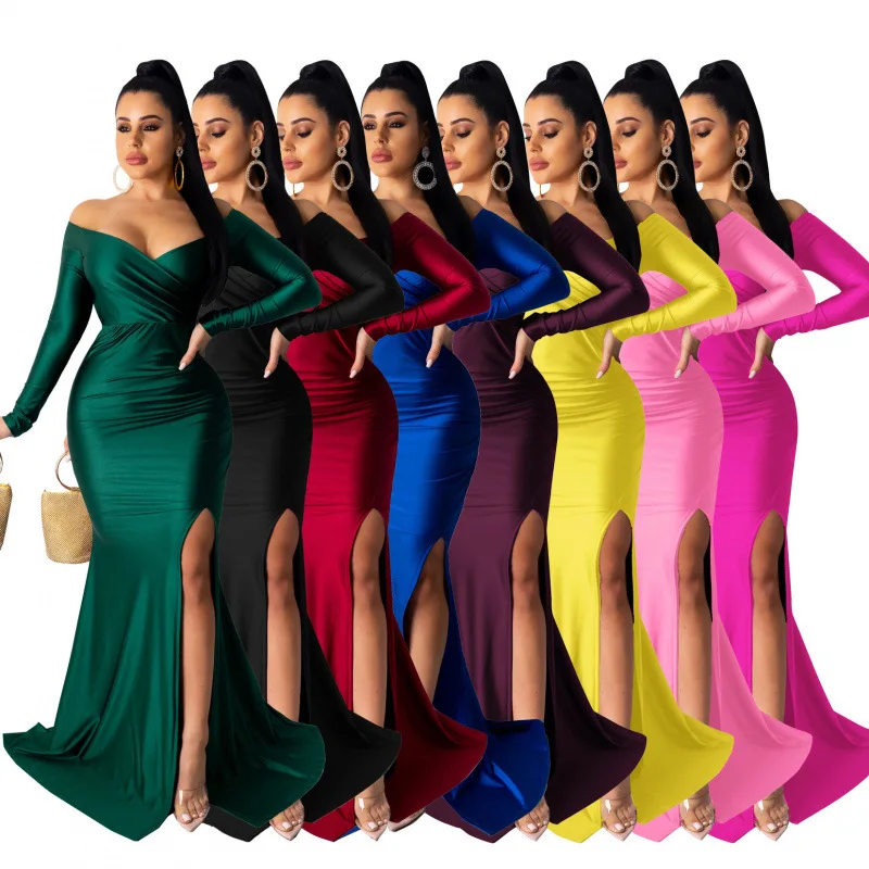 ชุดราตรีเซ็กซี่สำหรับผู้หญิง AL143, ชุดราตรีคอวีสำหรับใส่ไปไนต์คลับ, ชุดเดรสยาวสีพื้นผ่าสูง, ชุดเดรสยาวแขนยาวสำหรับงานทางการในฤดูใบไม้ร่วง