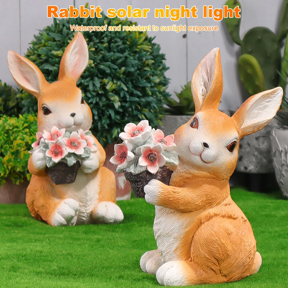 Easter Bunny Figure with Solar Powered Flower Light Waterproof Rabbit Sculpture Cute Bunny Ornament for Patio Yard Lawn Porch