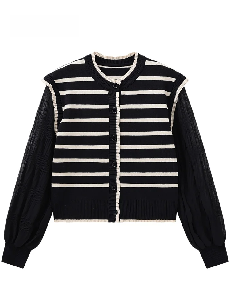 

JZZDEMM Long Sve round Ne Thin Knitted Open Cardigan Women's Me Sve Striped Patchwork Color Blo Knitwear Summer