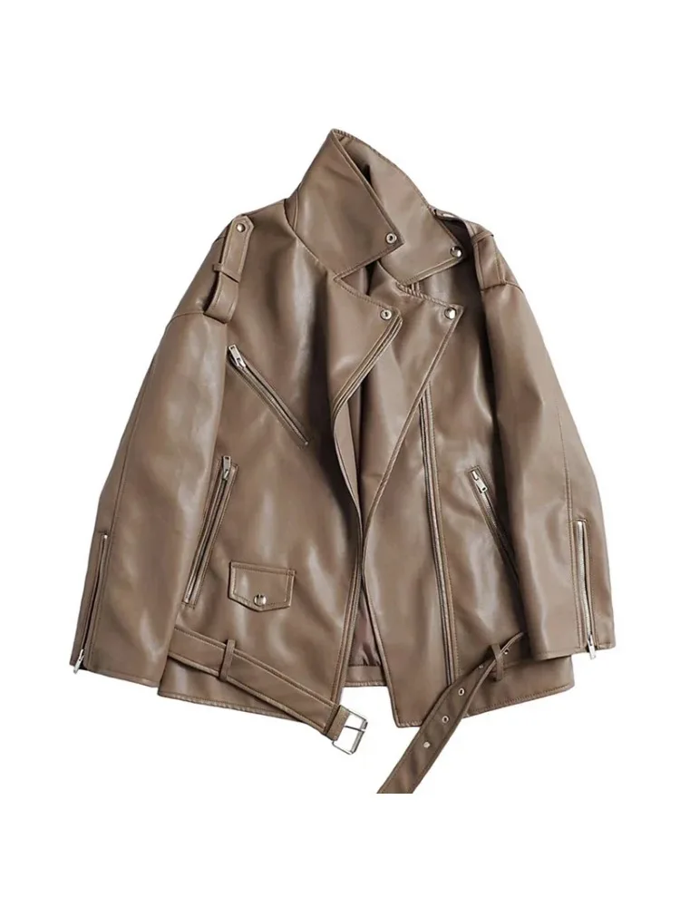 Fitaylor Spring Autumn Women Faux PU Leather Jacket Casual Female Lapel Zipper Motorcycle Coat