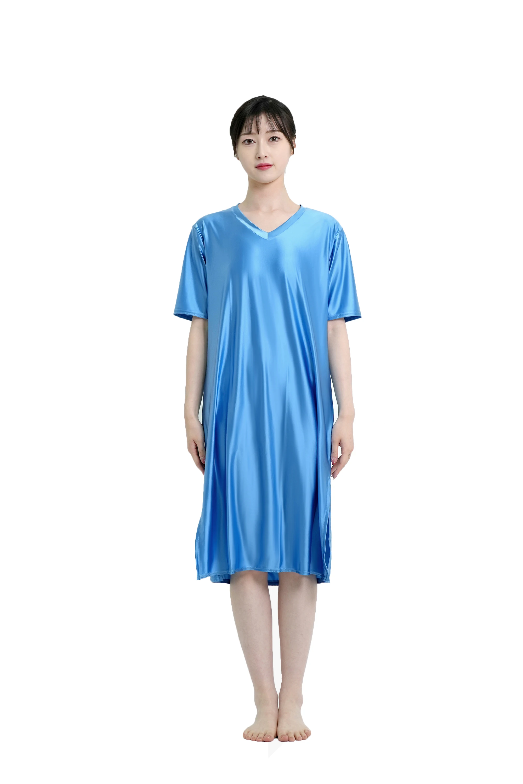 MJINM Women Silky Oil Smooth Long Dresses V-Neck Short Sleeve Comfortable Beach Casual Glossy Loose Housewear Pajamas Nightdress