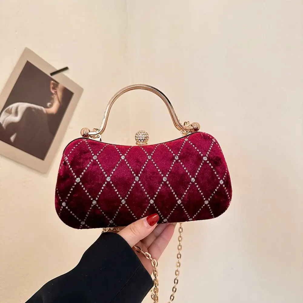 

Elegant Luxury Velvet Dinner Handbag Crystal Top Handle Evening Banquet Bag Square Chain Bridal Clutch Bag Party