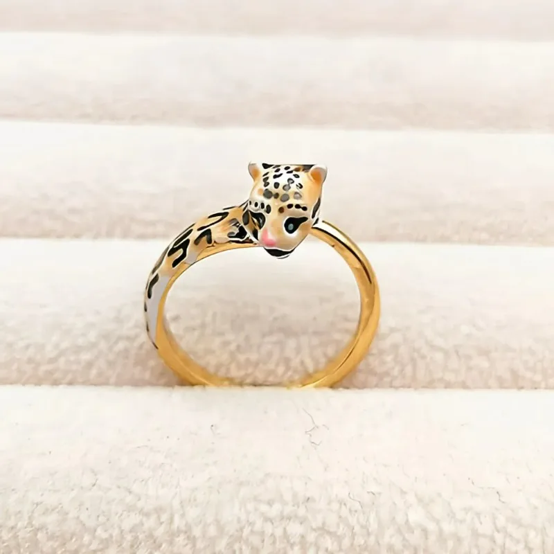 

Gold-plated Hand-painted Fairy Tale Style Enamel Cute Jaguar Leopard Adjustable Ring Wild Wind Niche Design Finger Decoration