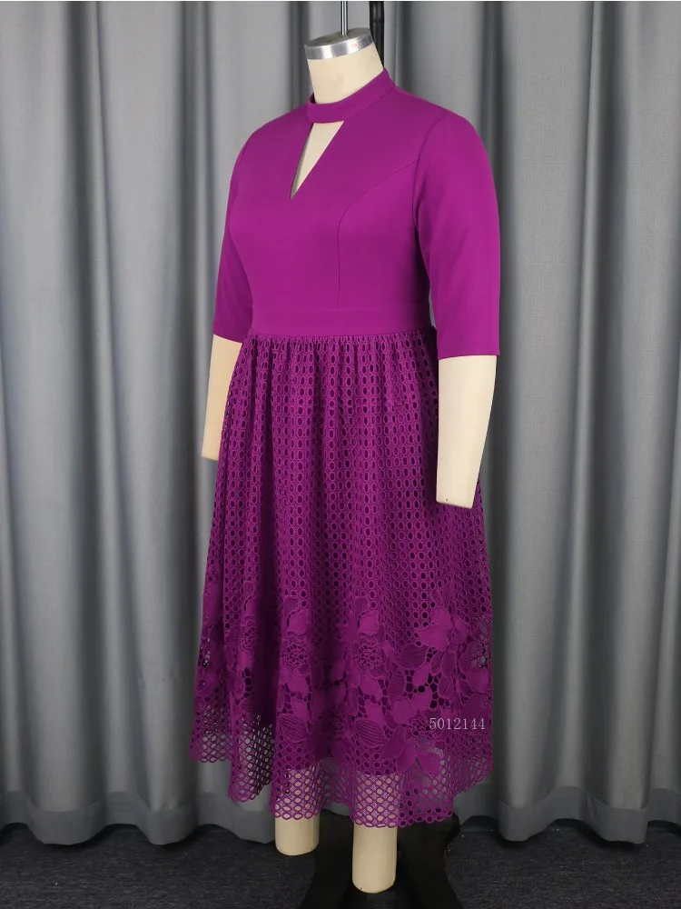 Vestidos midi de talla grande con cuello levantado y mangas 3/4 para mujer con dobladillo de encaje floral para eventos de iglesia y reuniones elegantes