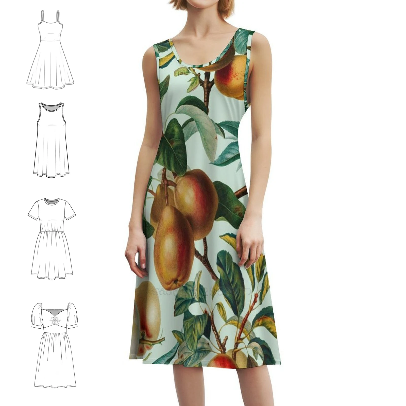 Vintage Fruit Pattern Xxvi Vintage Bohemian Dress Puff Sleeve Or Sleeveless Options For Women Dress Floral Garden Forest Jungle