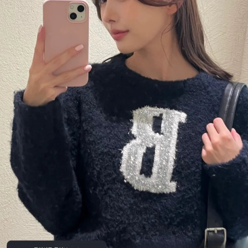 

Свободный корейский женский вязаный свитер, круглый необычный цветной дизайн с надписью Blo, зимнее новое поступление от Dongdaemun