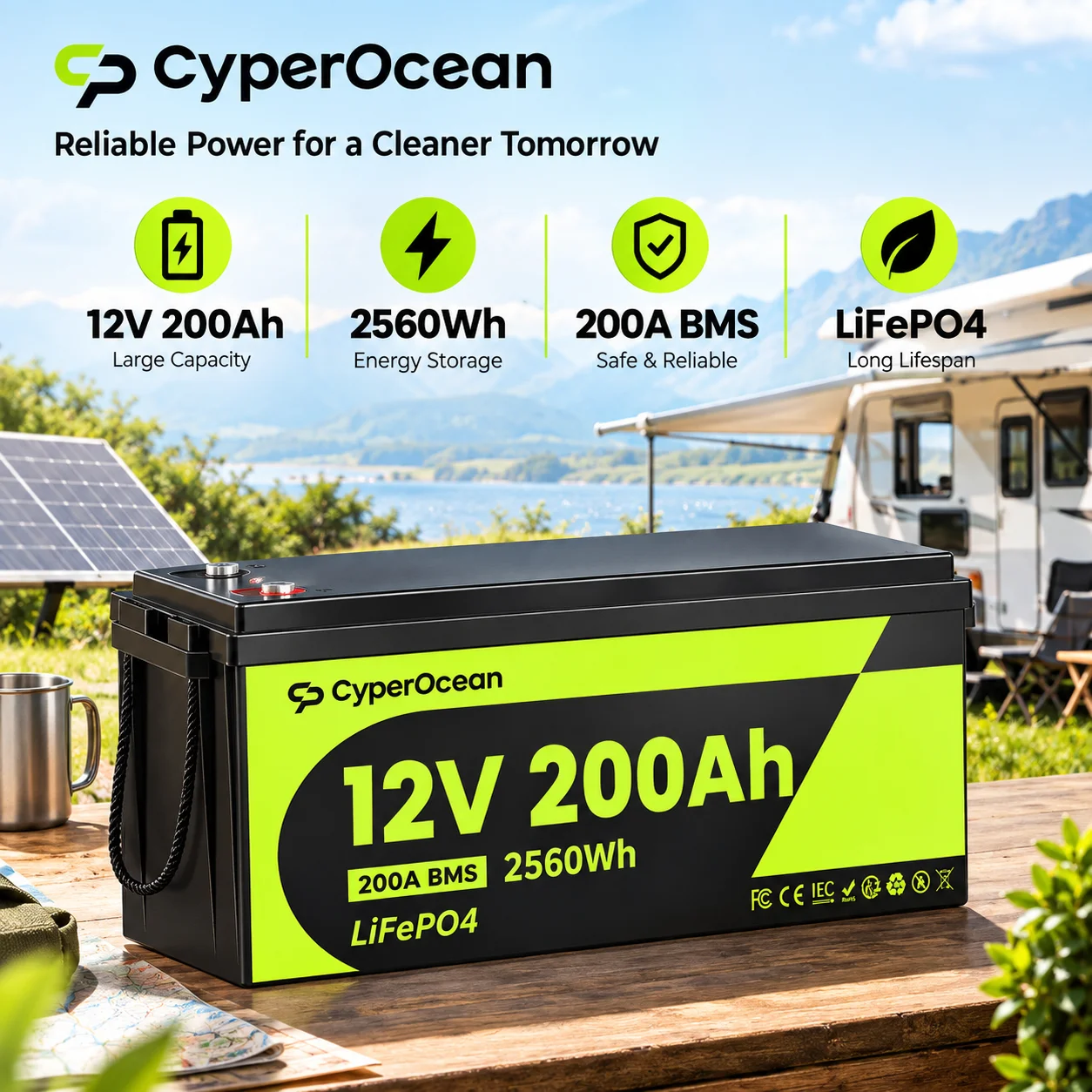 CyperOcean 2560Wh 200Ah 12V 6000+ Zyklen LiFePO4-Batterie, Eingebauter Niedertemperatur-BMS-Schutz, Tragbare Lithium-Eisenphosphat-Batterie, Geeignet für Wohnmobil-Solarsysteme, Camping, Zuhause,