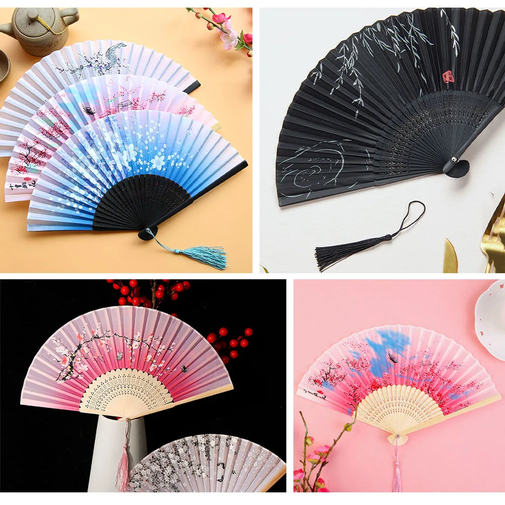 Bamboo Folding Fan silk Chinese Stylefan Hand Held Anitque Art Craft  Japnese Summer Female  Dance Home decoration Party ventila