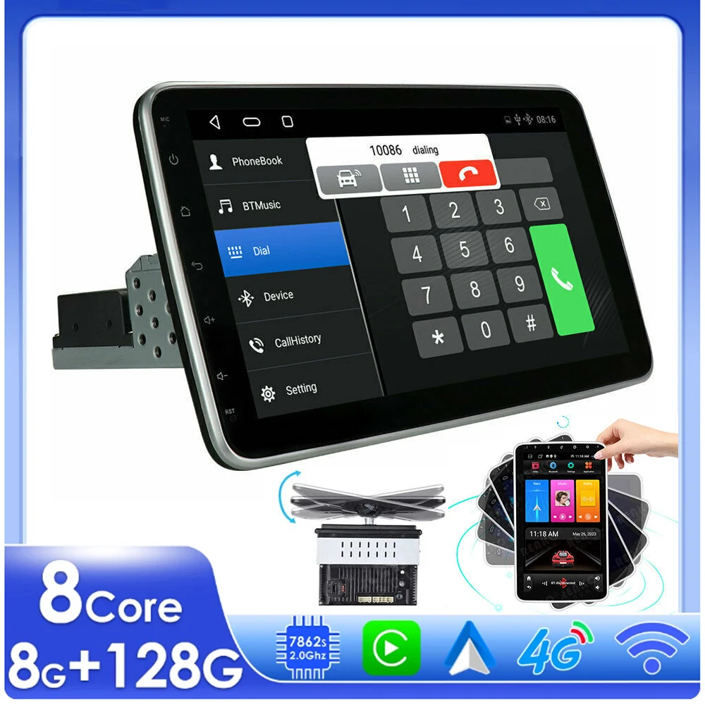 

10.1inch Android 14 Rotate Android Screen Car Radio 1Din Carplay Autoradio Multimedia Player 4G+WIFI BT GPS Navigation AutoRadio