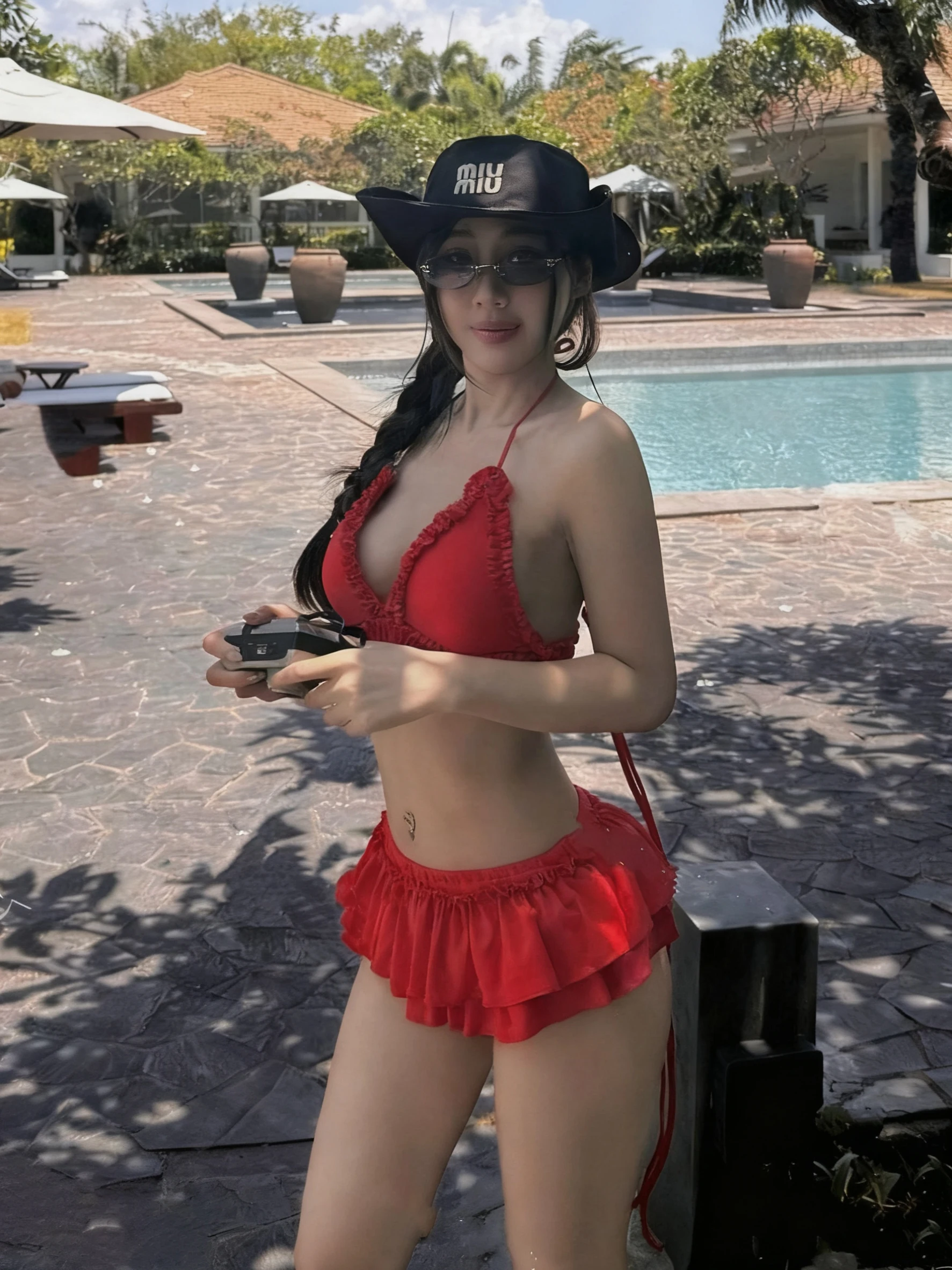 Women's Sweet Sexy Bikini Set - Halter Triangle Top (Lace Trim) & Tiered Ruffled Skirt Bottom , Vacation Beach Swimwear Summer