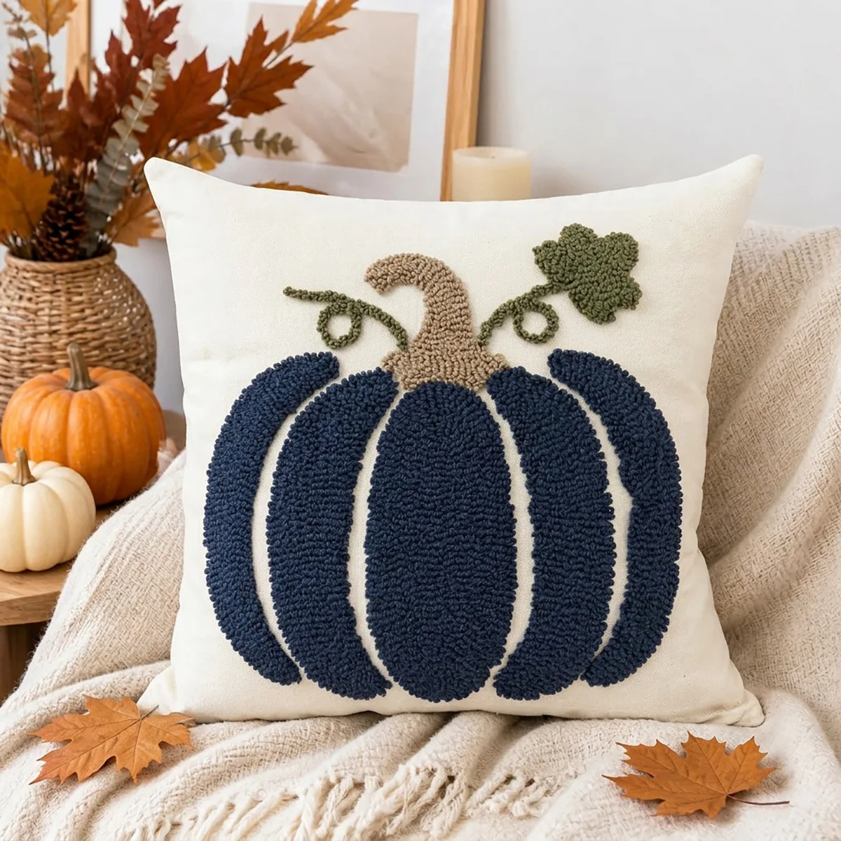 Herbst-Handtuchkissenbezug mit Kürbis-Stickerei, Dekorative Sofakissenhülle für Thanksgiving, Halloween Quadratischer Kissenbezug – Detail 8