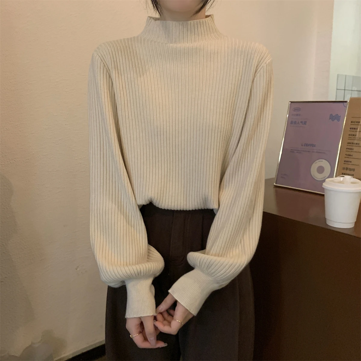 Korean Half High Collar Sweater Women Velvet Lantern Sleeve Soft Loose Knit Base Autumn Winter