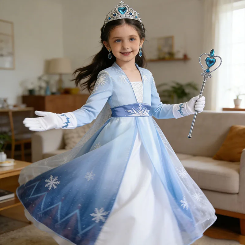 Vestido de Elsa de Frozen de Disney para niñas, disfraz de princesa reina de las nieves con accesorios, disfraz de Halloween para niños, traje de fiesta de Elsa