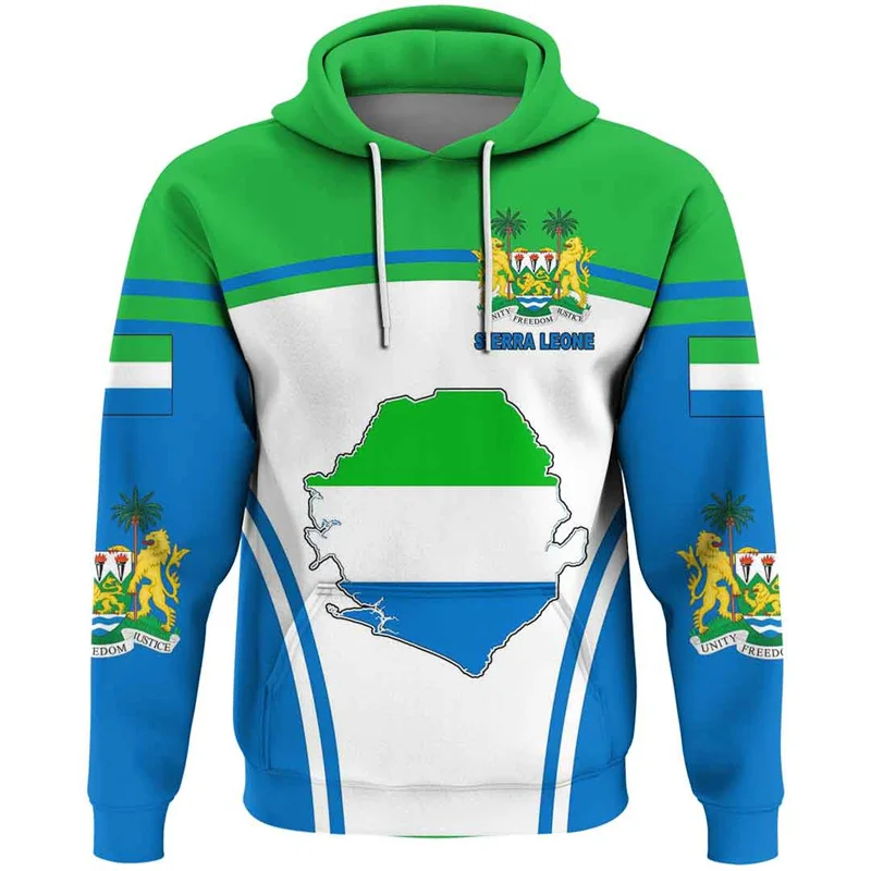 3D Printed Africa Sierra Leone Map Flag Hoodies For Men Patriotic Tracksuit National Emblem Graphic Sweatshirts Loose Pullovers