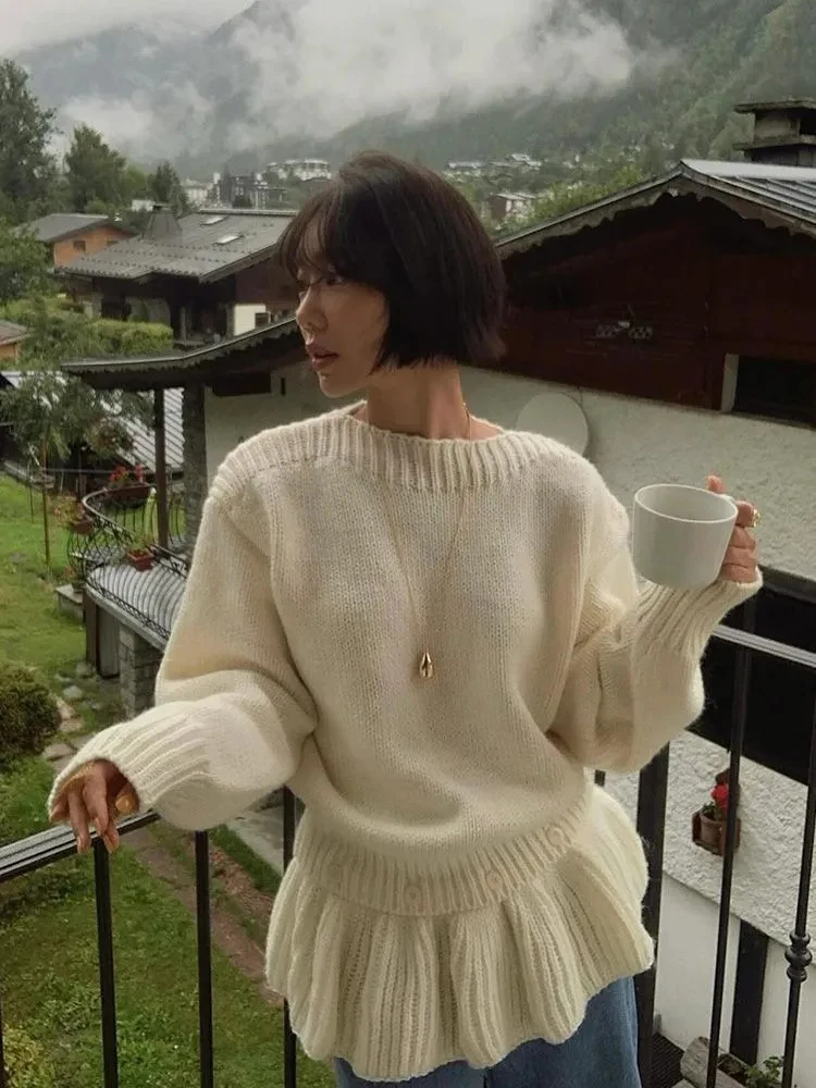 

Women Ruffle Knit Sweater Autumn Winter Loose Casual Lazy Wind Korean Vintage Pullovers Long Sleeve Button Patchwork Jumpers New