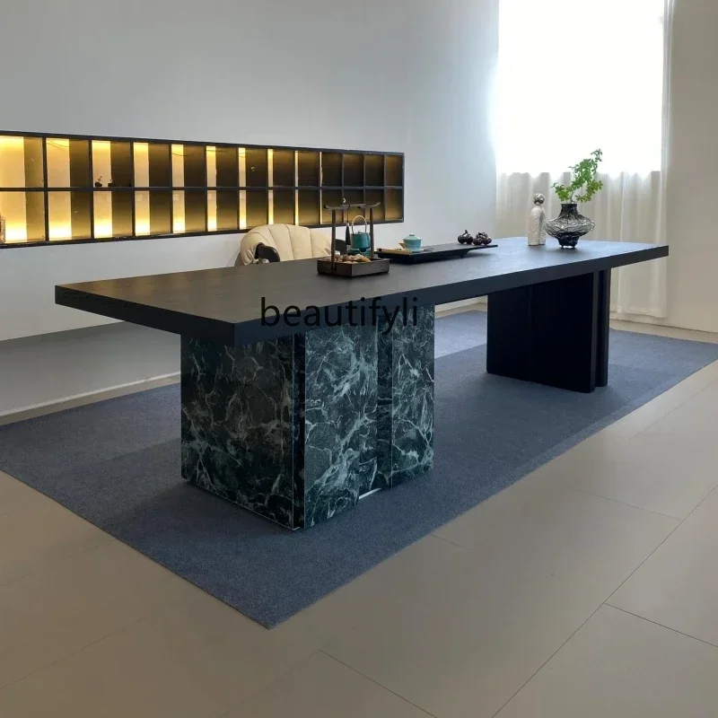 

Italian minimalist designer villa table simple creative art solid wood black and white flower tea dining table