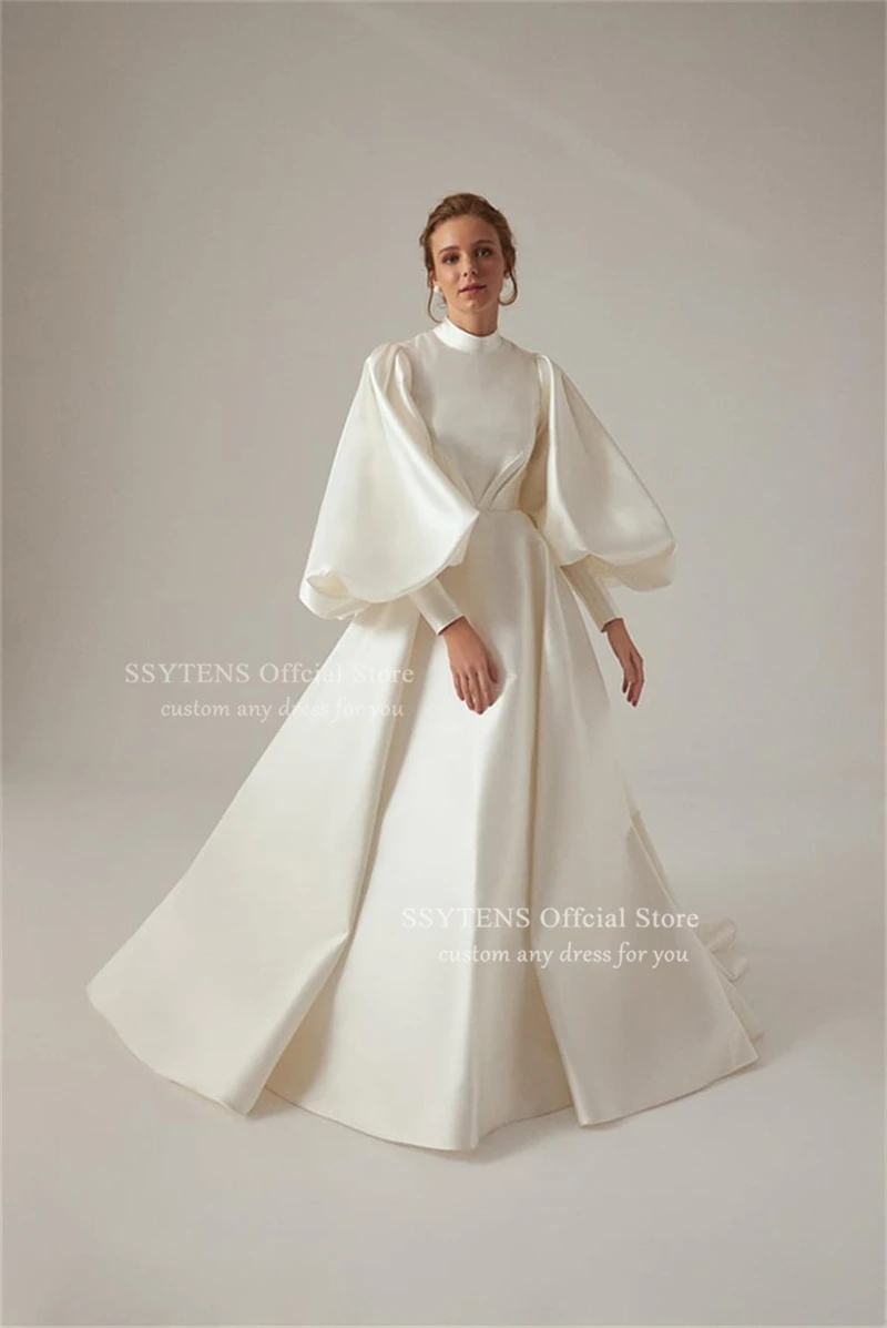 SSYTENS Muslim Wedding Dresses Fold Puff Sleeve Brides Satin Customized Elegant Civil Bride Gown Floor Length robe de mariée