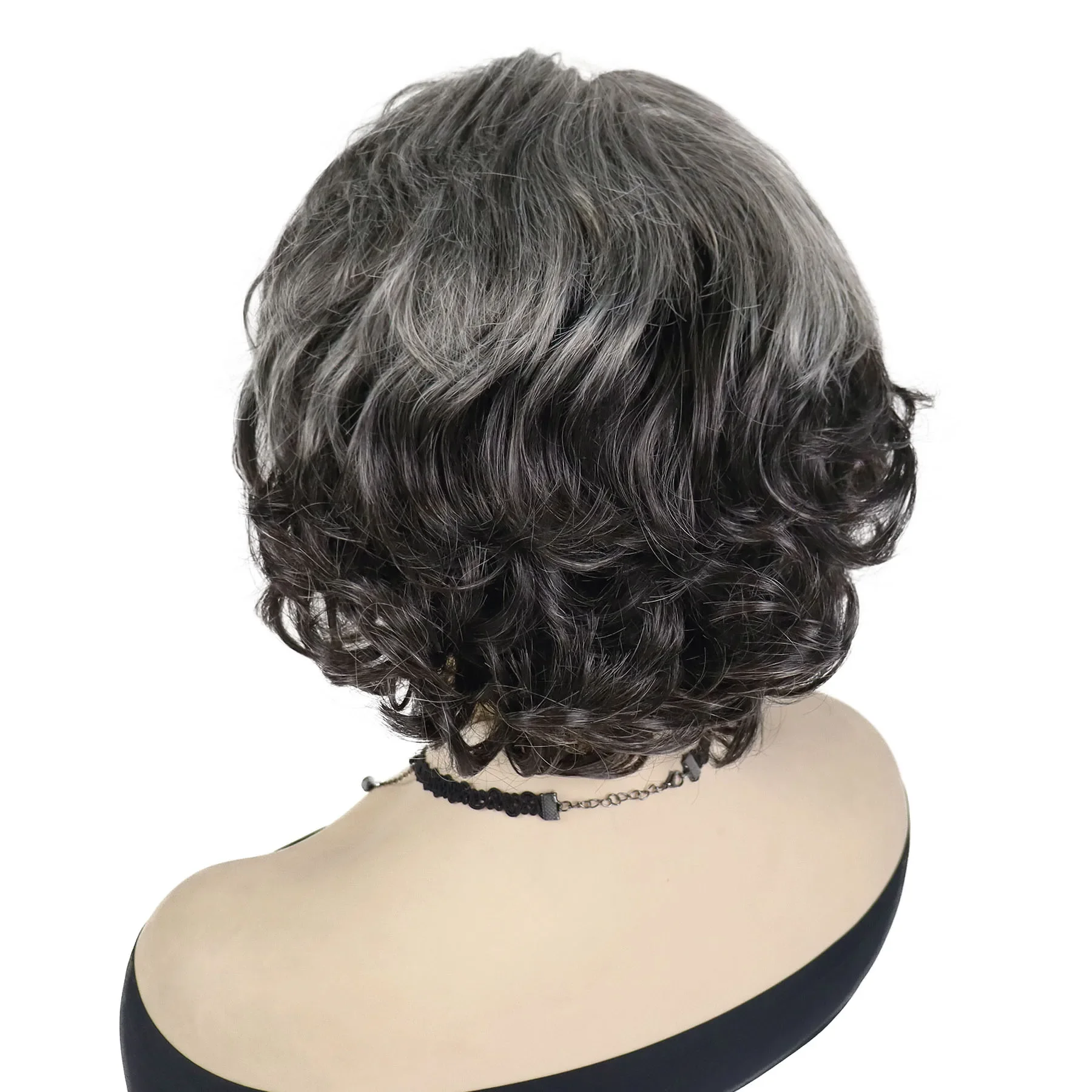 Old Lady Wigs for Women Synthetic Short Hair Curly Wig with Bangs Mixed Grey Color Mommy Wigs Natural Hairstyle Casual Wig Soft